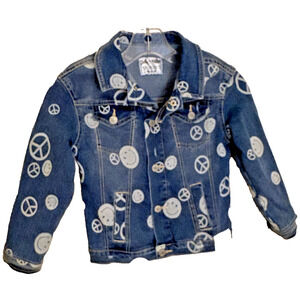 Justice Stranger Things girls' jean jacket, XS 5/6 smiles, peace signs, distress